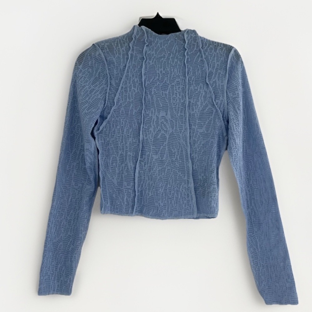 NEW Cyber Y2K Baby Blue Mesh Crop Top exposed Seams Lettuce Trim Long Sleeve M